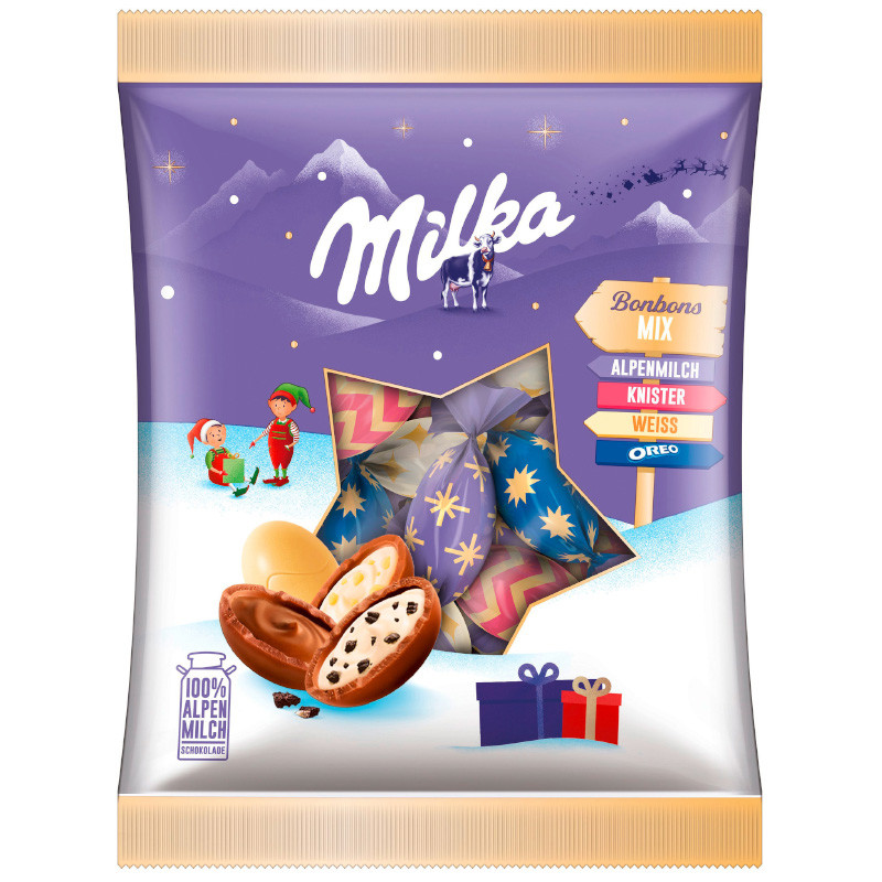 Milka Bonbon Mischung Weihnachten 130 g köstliche Alpenmilchschokoladen-Bonbons in festlicher Auswahl
